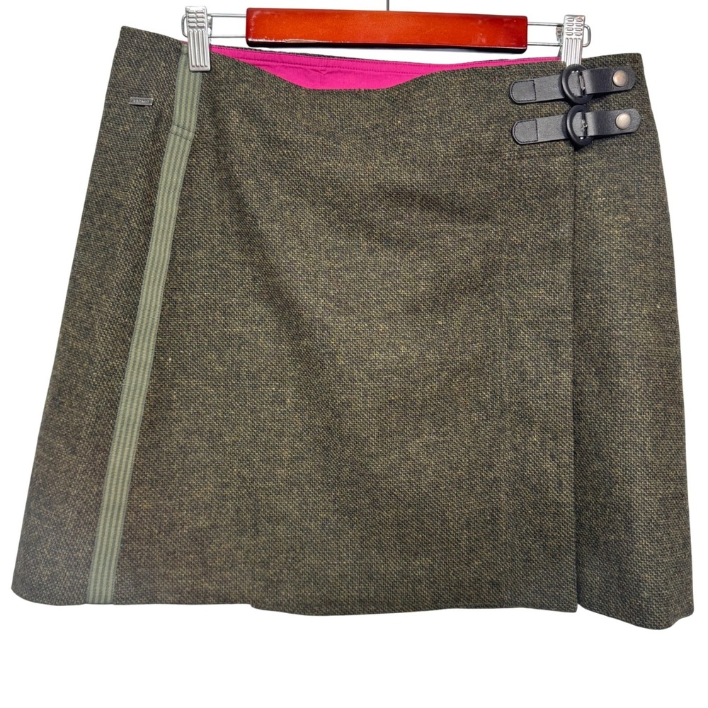 prAna Quincy Wool Blend Tweed Wrap Skirt Women L Green Buckle Academia Heritage